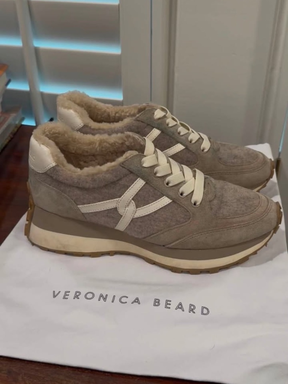 Veronica Beard Valentina 3 Shearling Sneakers Cobblestone Grey